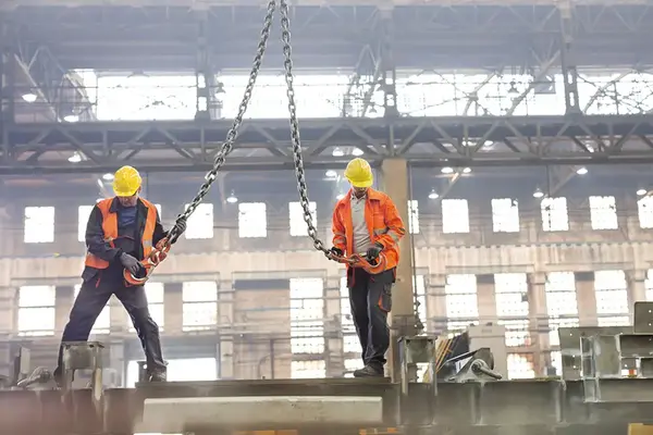 Två män i hjälp drar i kraftiga kedjor i en industrilokal.